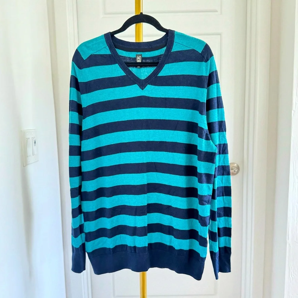 Men's V Neck Blue Green Stripe Long Sleeves Sweater XL Grunge Academia Preppy‎
